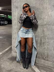 StreetHx Low Waist Frayed Hem Long & Short Denim Skirt - Medium Wash - View 3