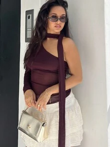 NegzBox Women's Solid Color One Shoulder Long Sleeve Mesh Sheer Fitted Fashion Blouse For Autumn Vintage Burgundy Tight One-Shoulder Asymmetrical Neckline Strappy Sexy Party Top For Women Cute Top Christmas Clothes Women New Years Women Outfit Going Out Tops Women Christmas Outfit Off The Shoulder Top Crop Tops Women Old Money Style Women Asymmetrical Top - Burgundy - View 4