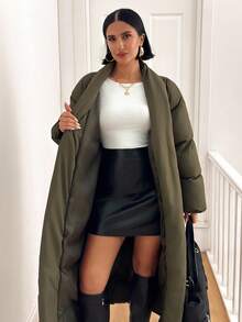 EURMUSE Women Long Green Belted Winter Coat - Army Green - View 5