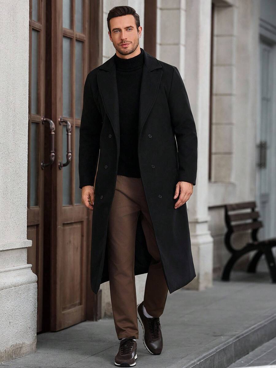 Manfinity Mode Áo khoác dài tay cổ ve trơn màu, hai hàng khuy, thường ngày cho nam, Thu/Đông - màu đen - Xem 1