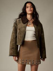 MISSGUIDED Trendsetting Suede Mini Skirt With Double Row Metal Eyelet Hem Detail Fall Winter Fashion Statement Bottom Piece Professional Casual Wear - Brown - View 1