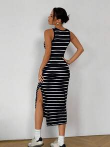 SHEIN EZwear 夏季休闲假期黑白条纹侧开衩紧身连衣裙 - 黑色 - 查看 2