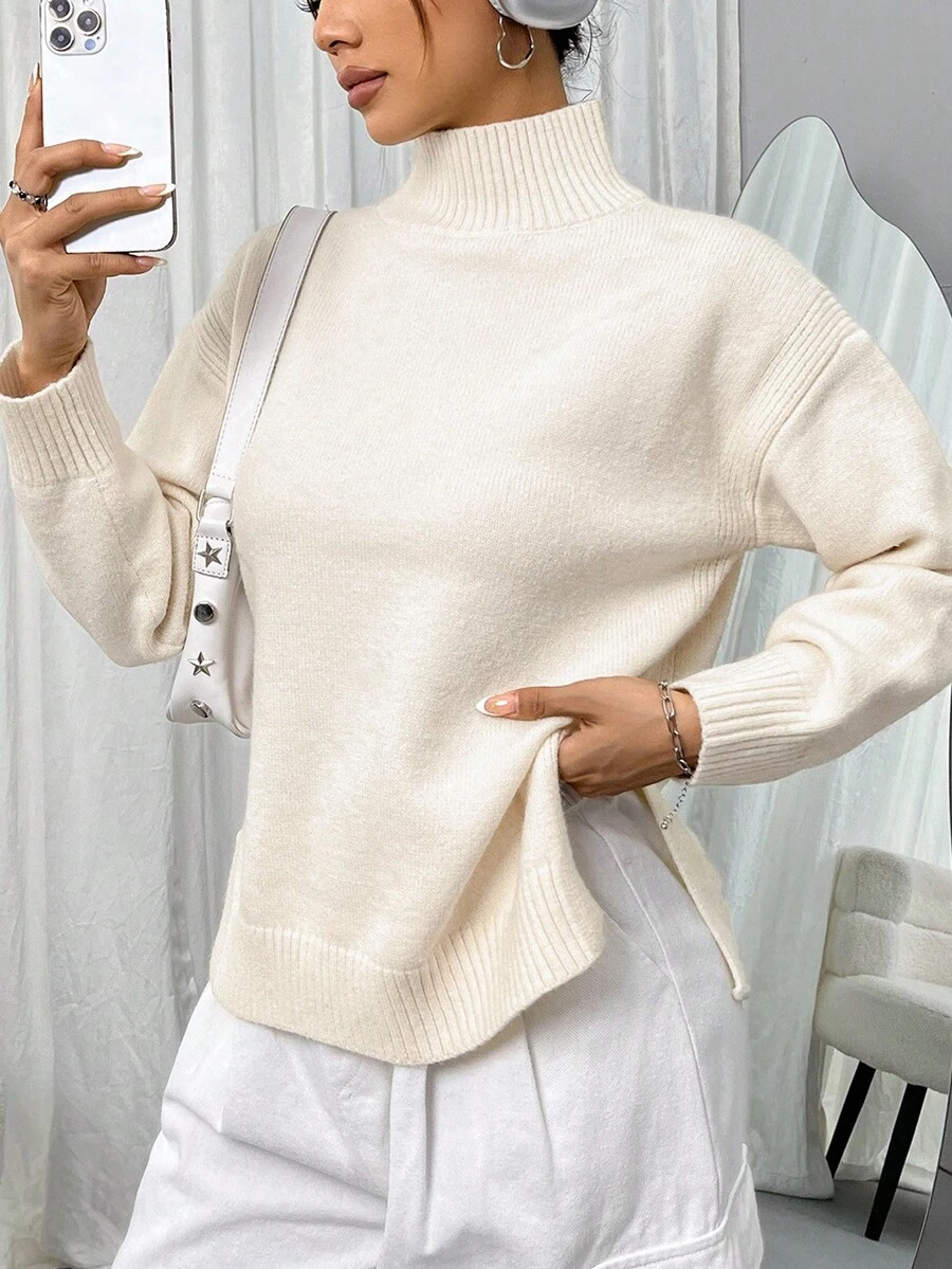 SHEIN LUNE Women's Solid Color High Neck Drop Shoulder Long Sleeve Side Slit Hem Casual Sweater, Autumn - Beige - View 1