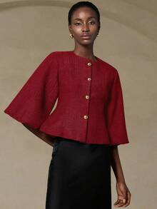Revavyn 优雅法式复古浪漫奢华高端设计人字纹圆领3/4花瓣袖收腰修身金属纽扣女式西装外套 - 紅色 - 查看 3