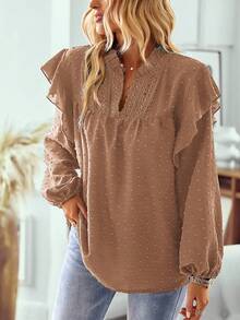 EMERY ROSE Women's Casual Vacation Style Simple Solid Color Keyhole Neck Lantern Sleeve Ruffle Trim Swiss Dot Loose Blouse, Spring/Autumn Fall Cloth For Women Swiss Dot Blouse Long Sleeve Blouse Puff Sleeve Blouse Brown Blouse Ruffle Blouse - Camel - View 5