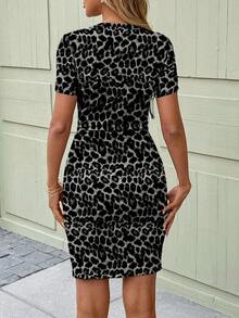 SHEIN LUNE Casual Leopard Print Round Neck Bodycon Mini Dress For Women, Suitable For Spring/Summer Chic Dress - Dark Grey - View 2