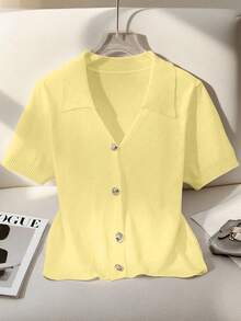 Franclia 全新夏季休闲宽松简约百搭通勤个性化设计女式针织开衫 - 淡黃色 - 查看 3