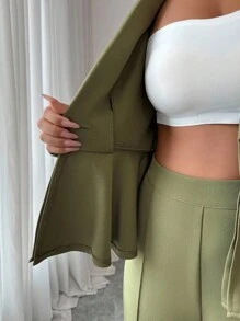 Elenzga Áo khoác Blazer tay dài cổ bẻ thanh lịch cổ điển dành cho nữ, bộ 2 món công sở lãng mạn, xuân/thu - xanh quân đội - Xem 7