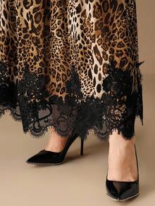 Anewsta 大码女式豹纹雪纺优雅蕾丝拼接高腰半身裙，适合教师返校穿着 - 彩色 - 查看 8