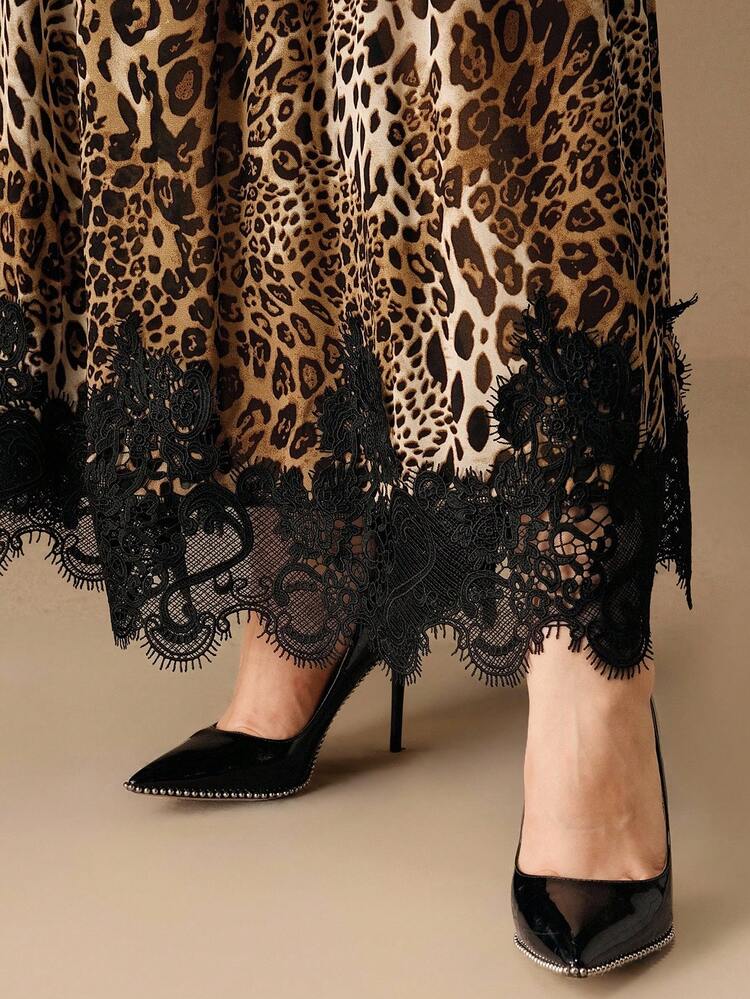 Plus Size Women Leopard Print Chiffon Elegant Lace Patchwork High Waist Skirt, Suitable For Teachers Back To School