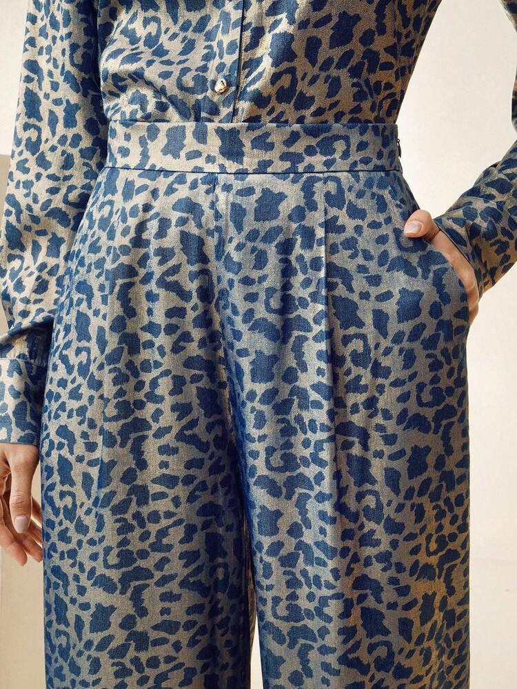 Women's Autumn/Winter New Stylish Vintage Elegant Fashion Casual Comfortable Blue Leopard Print High Waist Wide Leg Loose Basic Pants, Suitable For Dates, Parties, Halloween, Christmas