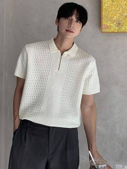 DAZY Men's Autumn Cable Knit Fabric White Half-Placket Polo Collar Sweater