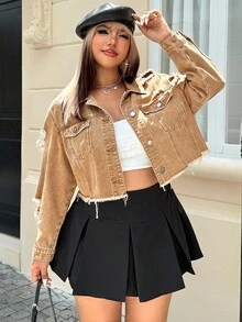 SHEIN EZwear 大码女式秋季做旧单排扣磨边休闲牛仔夹克 - 卡其色 - 查看 5