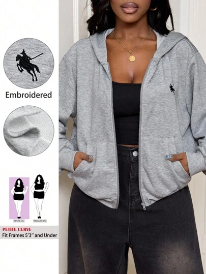 SHEIN PETITE CURVE Sudadera casual con cremallera y detalles bordados gris para mujer talla grande, otoño e invierno para mujeres
