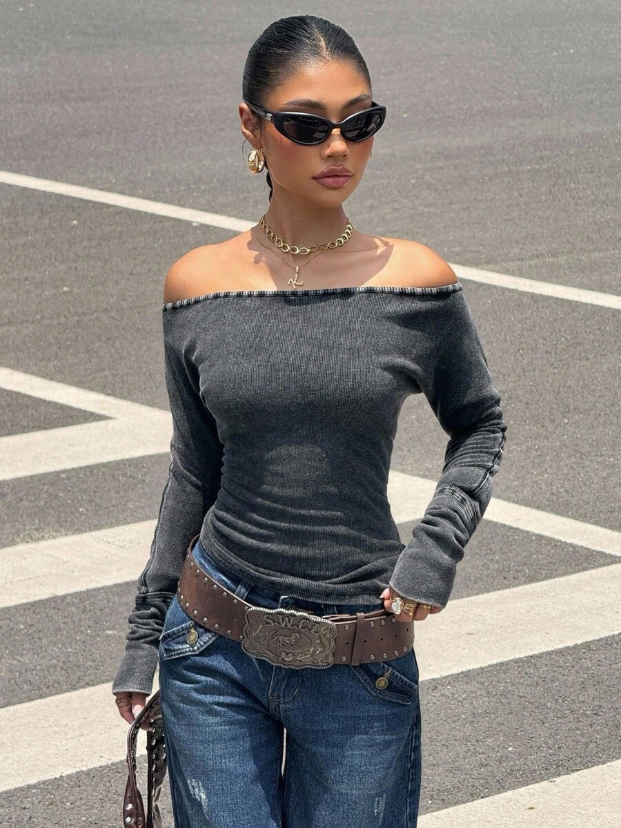 Muchica Women's Vintage Distressed Snowflake Off Shoulder Long Sleeve T-Shirt, Autumn/Winter,Y2k Outfits Women, Streetwear Outfits - Black - View 1