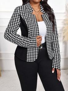 SHEIN Lady 大码女式格子长袖开襟优雅西装外套 女式西装外套 办公室商务休闲秋季西装外套 - 黑與白 - 查看 1