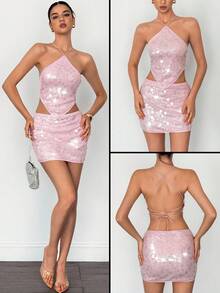 SHEIN Tall Conjunto de 2 piezas de top halter con espalda descubierta y minifalda con lentejuelas para mujer
