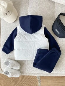 SHEIN 3 件套男婴秋冬加厚连帽背心 + 连帽长袖运动衫和松紧腰裤套装，适合上学、休闲、运动、居家、6 个月-3 岁、儿童装、婴儿背心 - 寶藍色 - 查看 2