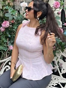 NegzBox Áo peplum nữ mới dệt họa tiết hoa nhỏ dây mảnh nơ vai bèo nhún viền thời trang đa năng thanh lịch tinh tế - Hồng - Xem 5