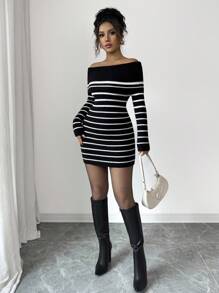 SHEIN Clasi 1 件女士黑白条纹露肩修身毛衣裙 - 黑與白 - 查看 7