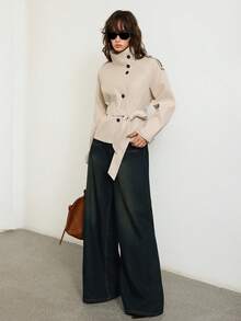 ATUI Studio Áo khoác trench coat cổ đứng màu trơn thường ngày dành cho nữ, Xuân/Thu - Màu be - Xem 8