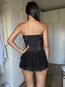 Ronhire Black Lace Patchwork Strapless Bustier & Multi-Layered Cake Mini Dress,Summer Dresses For Women - Black - View 2