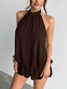 Aloruh 女式休闲纯色荷叶边下摆挂脖连衣裙，夏季