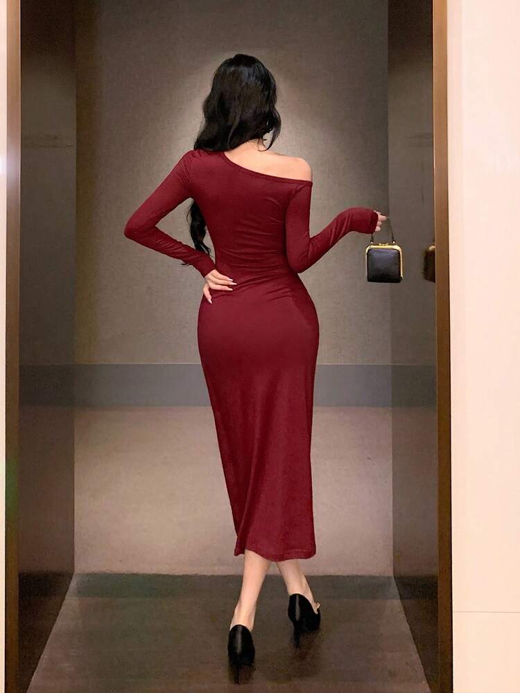 Elegant Solid Color Asymmetric Ruched Shoulder Dress For Women, Autumn Red Women Dresses,New Year