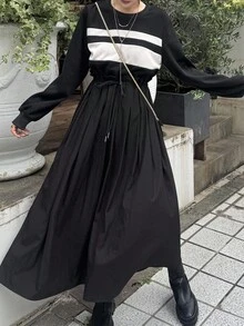 FRIFUL Đầm thường ngày cổ tròn phối vải chắp vá tay dài rộng rãi phối ren màu tương phản cho nữ - màu đen - Xem 3