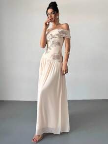 Firerie Women's Elegant Textured Fabric Off Shoulder Dress In Apricot, Romantic & Suitable For Wedding Guest, Party, Formal Events, Summer - Apricot - View 3