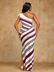 Brilight Vestido de mujer con cuello asimétrico, estampado de rayas y abertura lateral en el muslo - Blanco y Negro - Ver 2