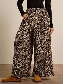 Freevana Plus Size Women Leopard Print Pleated Wide Leg Loose Casual Pants Fall Clothes Winter Clothes Ruffle Chic Casual Work Pants Wide Leg - Multicolor - View 3