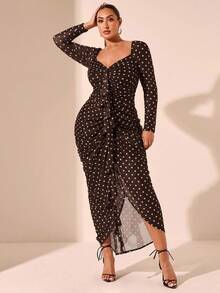 SHEIN BAE Plus Size Autumn And Winter Polka Dot Print Elegant Ruffle Long Sleeve Dress Suitable For Dating, Party, Afternoon Tea - Chocolate Brown - View 3