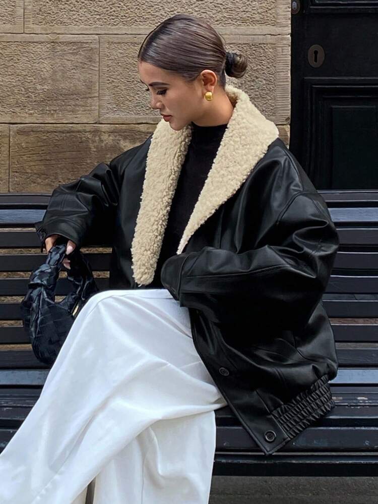Women's Loose Casual Streetwear Lamb Wool & PU Leather Patchwork V-Neck Coat, Autumn/Winter Jacket
