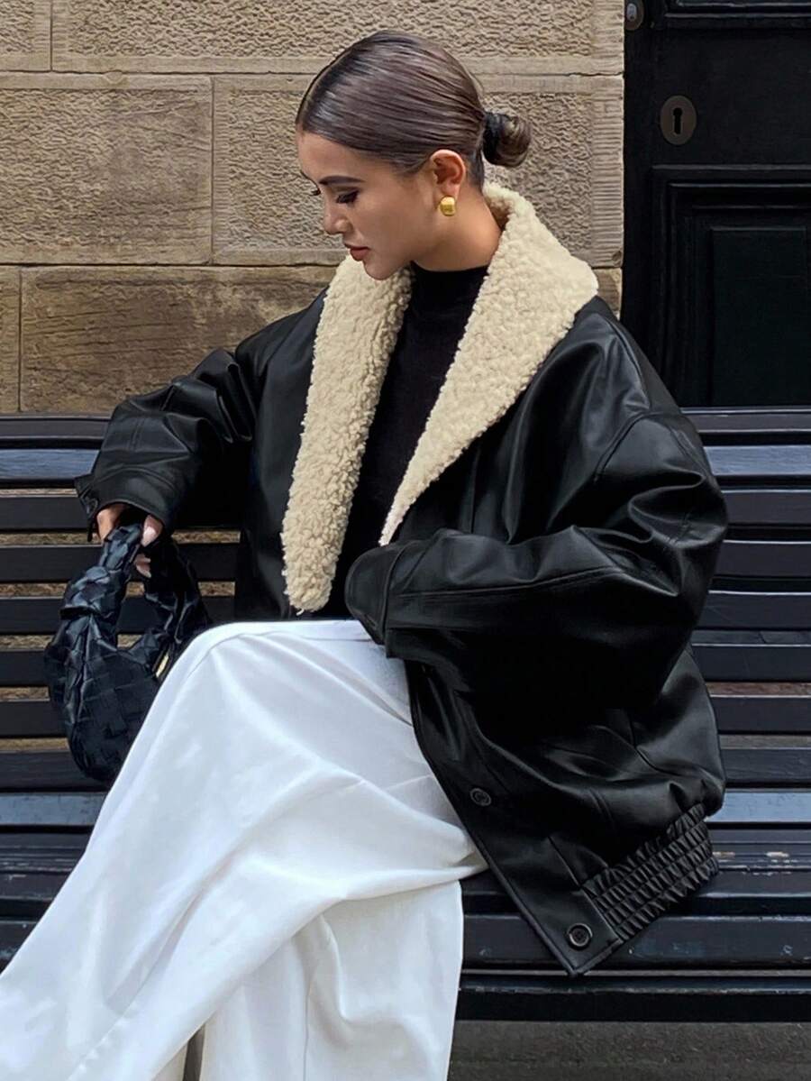 DAZY 女式宽松休闲街头风羊毛与 PU 皮革拼布 V 领外套，秋冬夹克