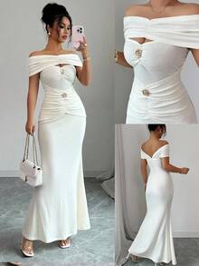 Elenzga 优雅精致时尚夏季露肩褶饰金属扣装饰中长款修身鱼尾下摆针织连衣裙 - 杏色 - 查看 1