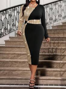 SHEIN Lady Váy len cổ tròn tay ngắn nhiều màu sắc cho tiệc cưới, tiệc cocktail, hòa nhạc/lễ hội âm nhạc cỡ lớn mùa hè thu đông thanh lịch, ngày lễ tình nhân, ngày lễ năm mới - Nhiều màu - Xem 3