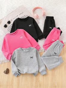 SHEIN Genkimix Kids 少女休闲蝴蝶结图案运动衫和运动裤套装