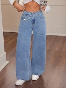 SHEIN PETITE Women's Fall Autumn Winter Halloween Christmas National Day Graduation Y2k Cute Streetwear Birthday Outfit Night Out Going Out Club Outfit Airport Outfit Business Casual Woman Country Vintage Modest Old Money Business Casual Woman Work Clothes Asymmetric Waist Pocket Wide Leg Loose Casual Blue Jeans