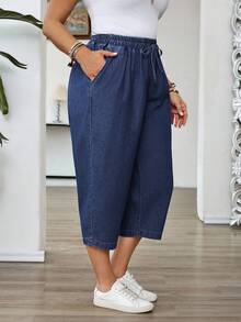 EMERY ROSE Plus Size Women Waist Tie Pocket Casual Tapered Denim Capri Pants