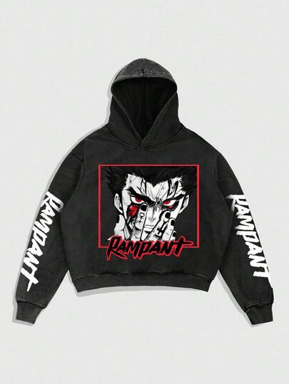 Street Life Felpa con cappuccio casual in pile con stampa di lettere e personaggi dei cartoni animati, per uomo, autunno