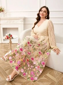 Reflora Váy dài tay cổ chữ V thêu ren tương phản cỡ lớn màu mơ cho nữ - Nhiều màu - Xem 1