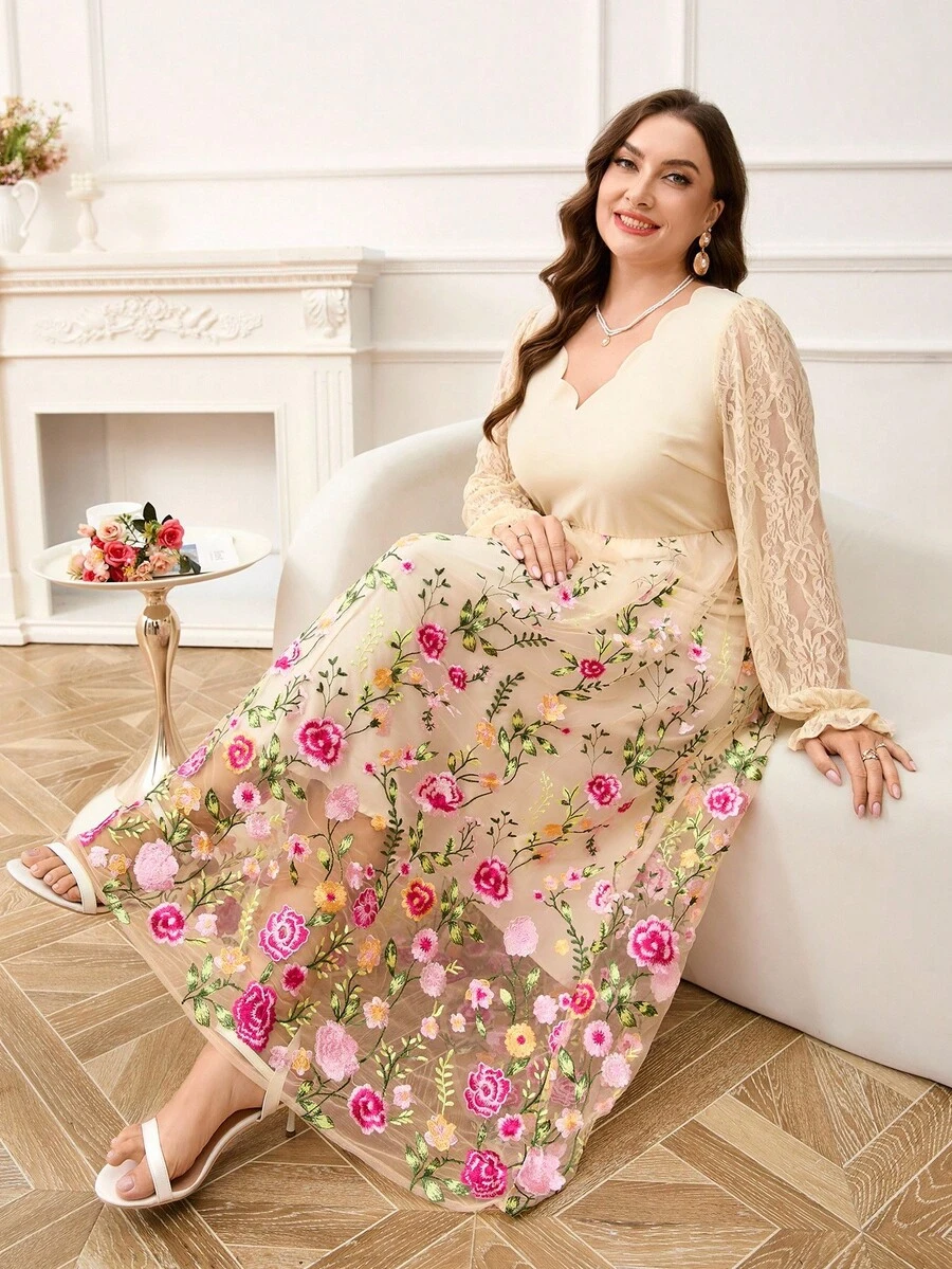 Reflora Váy dài tay cổ chữ V thêu ren tương phản cỡ lớn màu mơ cho nữ - Nhiều màu - Xem 1