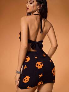 Shutterstock Y2Kool Women's Skeleton Cross Halloween Slip Dress Sexy Knit Sweater Dress, Suitable For Party, Nightclub, Street Style Y2K In Autumn/Winter Halloween Dress Skull Dress Witchy Dress Skull Print Dress Club Dress Casual Stylish Clothing Collection New Year Outfits - Black - View 2