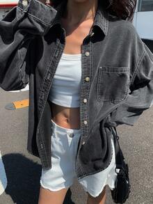 DAZY 浅色水洗牛仔衬衫，有领，有口袋，宽松长袖，春夏秋 - 深灰色 - 查看 7