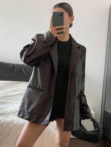 Livesso Women's Casual Solid Color PU Loose Blazer Jacket, Autumn