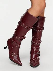 ROMWE Grunge Punk Women's 2025 Autumn/Winter New Gothic Buckle Strap Pointed Toe Fashion Mid-Calf Boots For Christmas Y2K - Burgundy - View 2