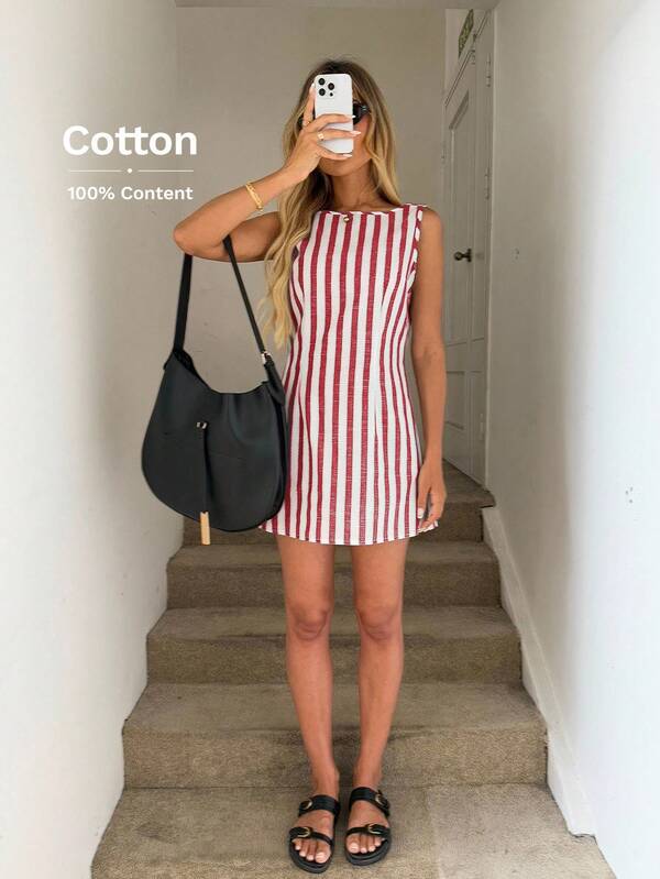 Easowa A-Line Backless Sleeveless Dress, Woven Striped Fabric, Casual Vacation Elegant Streetwear Mini Dress For Women Cotton Dress Striped Cotton Dress Red And White Striped Dress