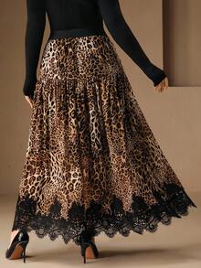 Anewsta 大码女式豹纹雪纺优雅蕾丝拼接高腰半身裙，适合教师返校穿着 - 彩色 - 查看 7