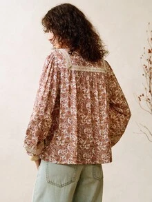 Arave Women's Viscose Fabric, Loose-Fitting Retro Paisley Print, Tie-Neck Collar, Lace Cuffs, And Patchwork Design For Everyday Casual Wear Fall Clothes For Women Western Wear Women Boho Women Clothing Country Outfits Women